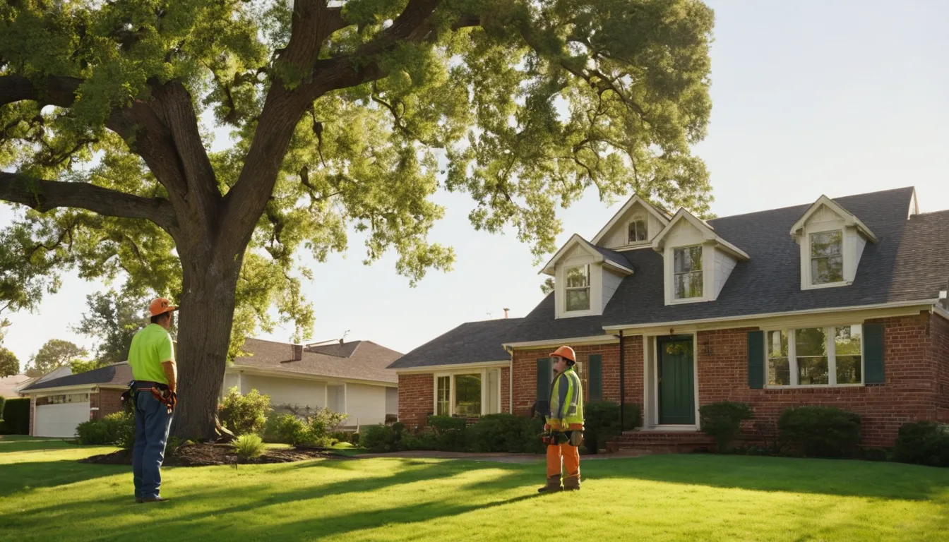 A homeowner and a tree provider looking at a large tree in a yard in Austin