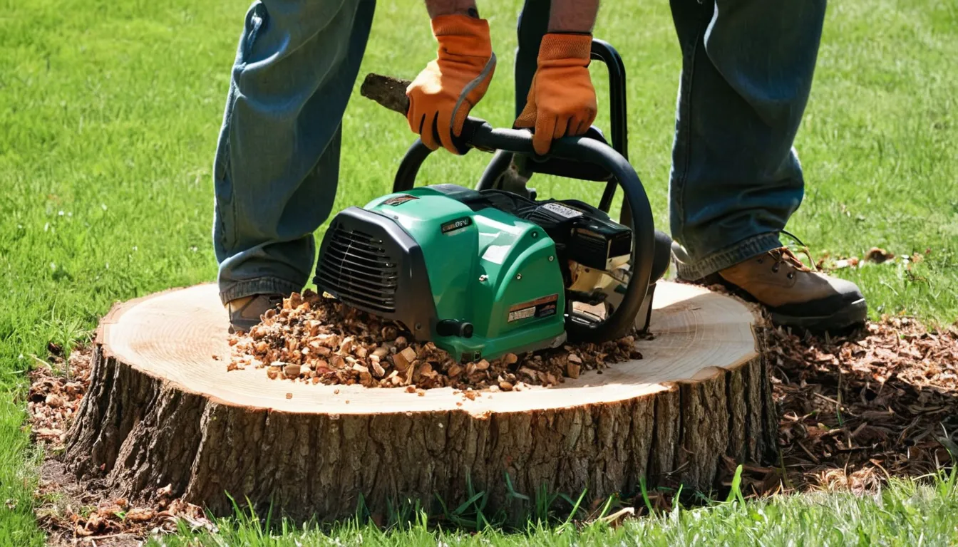 A local provider grinding a tree stump in a backyard in Austin while wood chips fly into the grass