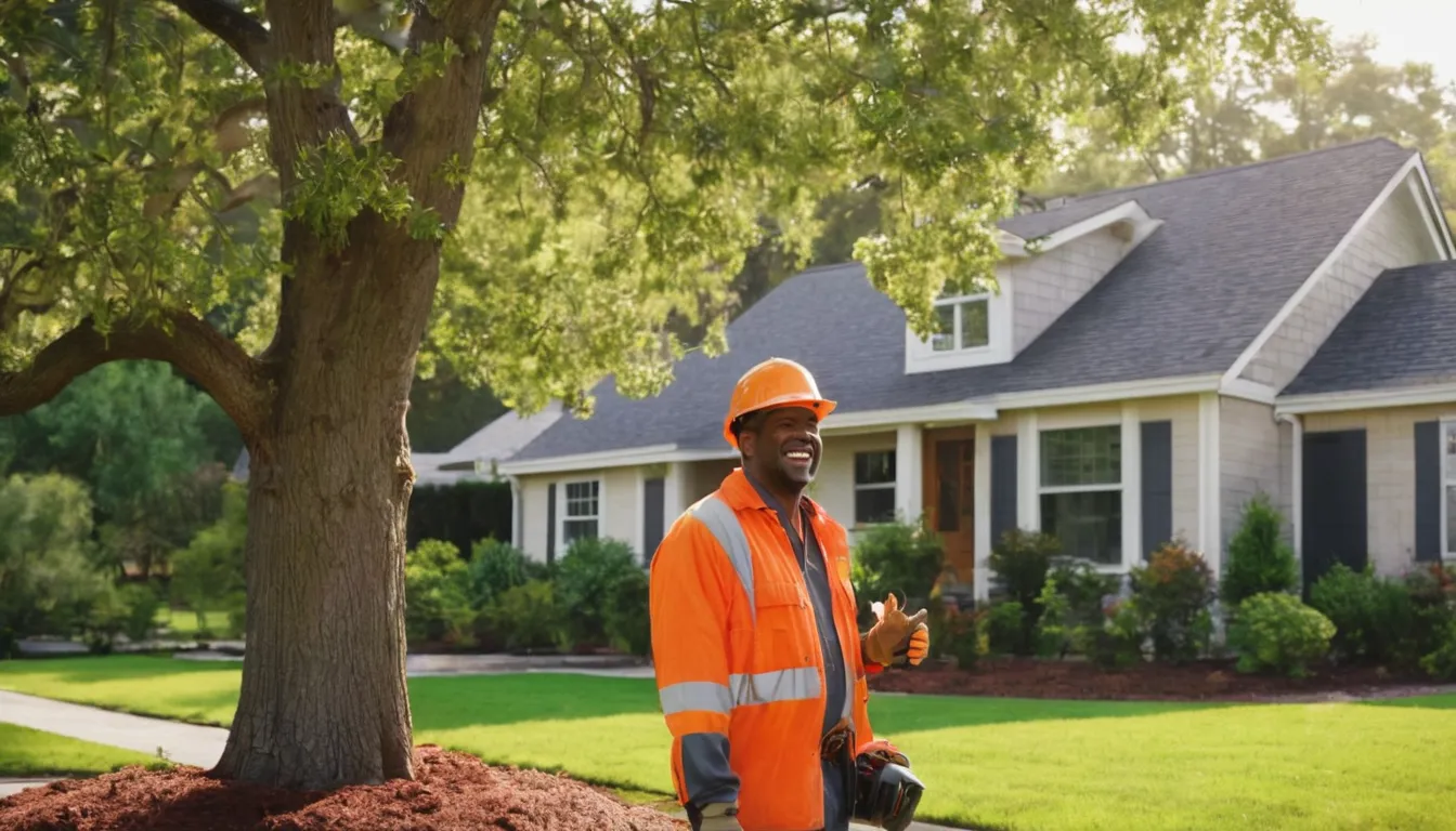 Friendly tree removal provider and homeowner reviewing a large backyard tree near a brick ranch home in Austin